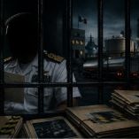 Vicealmirante de la Marina en una celda de alta seguridad, con documentos judiciales y un entorno industrial vinculado al huachicol fiscal.