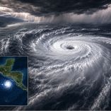 Imagen editorial de la tormenta tropical Cristina sobre el Océano Pacífico, con un mapa que muestra su ubicación frente a Centroamérica y su trayectoria cercana a Nicaragua, Honduras, El Salvador y Guatemala.