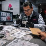 Funcionario del INE revisa credenciales de elector y fotocopias en una investigación por afiliaciones irregulares de organizaciones políticas.
