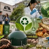 Investigadora analiza residuos orgánicos y materiales reciclables en un laboratorio, junto a un biodigestor y contenedores de separación de basura, representando proyectos de economía circular desarrollados por la UAM.