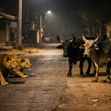 Los cuatro animales permanecieron frente a frente durante varios segundos antes de que los leones se retiraran.