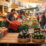ista de un concurrido mercado al aire libre de México con letreros de precios. Una mujer mayor revisa un aguacate en primer plano con un cartel que dice 'Aguacate $75.00/Kg'. Al fondo, un vendedor sonríe frente a guacales de jitomates rojos ('Jitomate $15.00/Kg') y chiles serranos ('Chile Serrano $20.00/Kg'), ilustrando el costo real de los productos básicos reportados en el informe de inflación del Inegi