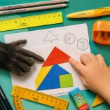 Mano de un primate y mano de un niño manipulan figuras geométricas sobre una mesa con reglas y material escolar durante una prueba.