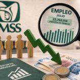Reporte del IMSS sobre caída del empleo en julio en México, con gráfico de puestos de trabajo, lupa, flecha descendente y dinero mexicano.
