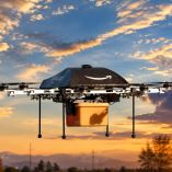 Un dron de Amazon equipado para reparto aéreo transporta un paquete bajo el sistema Prime Air, en una imagen ilustrativa del servicio.