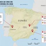 Mapa de España que ubica los robos de oro en museos de Badajoz, Albacete y Villena registrados durante 2026.