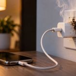 Cargador quemado en un enchufe junto a un celular sobre los riesgos de cargadores genéricos o piratas.