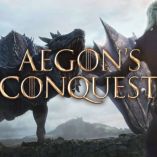 Montaje de Aegon's Conquest con un dragón de Game of Thrones, una figura Targaryen y el título de la película.
