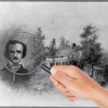 Montaje con retrato de Edgar Allan Poe observado con una lupa frente a una antigua casa en blanco y negro.