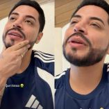 Eduin Caz con camiseta deportiva azul aparece en dos capturas de su video sobre los cobros de agua y luz en su casa.