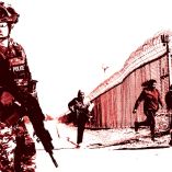 Fotoarte de un militar de EU y migrantes escapando en la frontera México-EU.