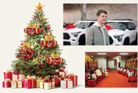Fotoarte de un árbol de Navidad y regalos que Brock Purdy y Patrick Mahomes dieron.