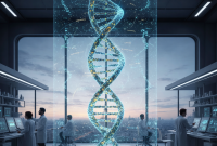 Visualización digital de una doble hélice de ADN suspendida en un laboratorio futurista, mientras científicos analizan datos genómicos en pantallas, ilustrando el uso de inteligencia artificial para estudiar el ADN no codificante y la regulación genética.