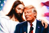 En la nueva publicación compartida, el mandatario estadunidense y Jesús aparecen iluminados, y otra vez resalta la bandera de Estados Unidos en el fondo.