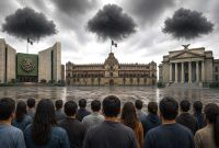 Ilustración de ciudadanos mexicanos que ven, entre nubarrones, a los poderes de la unión.