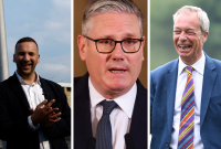 Las 3 cabezas de los partidos más importantes en Reino Unido tras las elecciones locales del 7 de mayo del 2026: Zack Polaski de los Verdes (izquierda); Keir Starmer, actual primer ministro laborista (centro); Nigel Farage, de Reform UK (derecha).