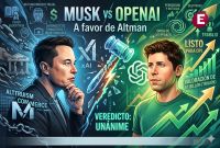 Infografía conceptual del juicio entre Elon Musk y OpenAI, mostrando a Musk y Sam Altman divididos por un mazo de juez que favorece al fundador de ChatGPT tras un veredicto unánime