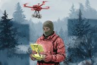 Ilustración de un delincuente maniobrando un dron.