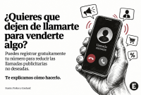 Ilustración de una mano sosteniendo un teléfono con una llamada entrante y símbolos de publicidad comercial. La imagen presenta los registros gratuitos para reducir llamadas no deseadas.