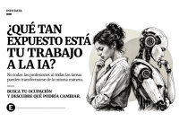 Ilustración editorial de personas de distintas ocupaciones, acompañada por una pregunta sobre exposición del trabajo a inteligencia artificial.