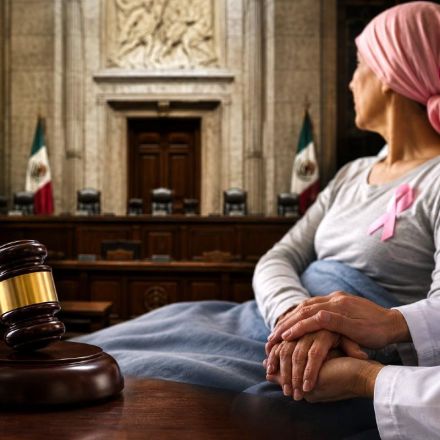 Mujer paciente con pañuelo rosa junto a símbolos de justicia y medicina, en referencia al debate de la SCJN sobre eutanasia y suicidio asistido.