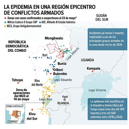 Mapa con los casos de ébola en el Congo y África.