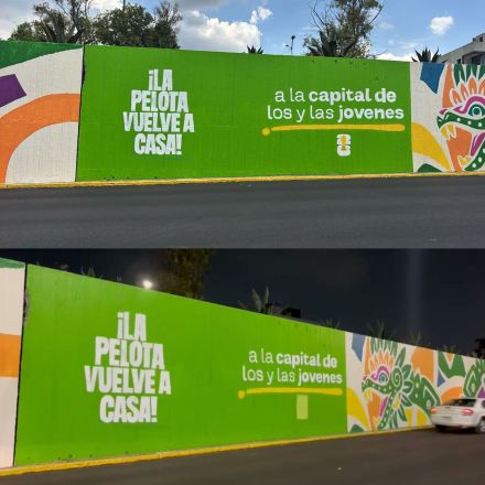Por la tarde, uno de los murales de Circuito Interior tenía el logo del Mundial, pero por la noche fue borrado.