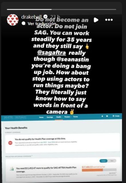 Historia de Instagram de Drake Bell con críticas a SAG-AFTRA y captura del rechazo a su solicitud de seguro médico.