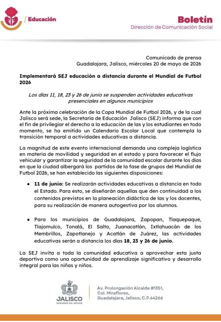 Comunicado sobre las clases en Jalisco durante el Mundial 2026