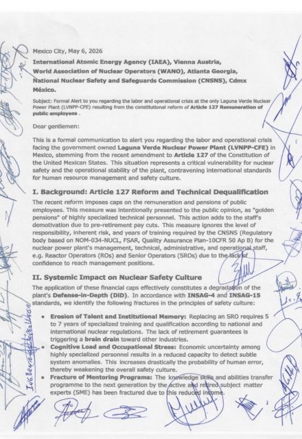 Documento enviado a la OIEA y WANO por trabajadores de Laguna Verde sobre afectaciones laborales y seguridad nuclear en México.