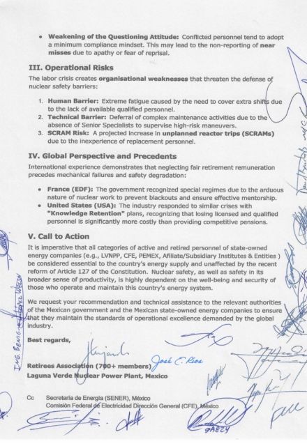 Documento firmado por personal de Laguna Verde que expone riesgos operativos y falta de especialistas en la planta nuclear mexicana.