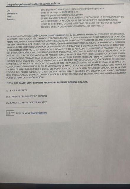 La fiscalía capitalina citó a la gobernadora de Chihuahua como imputada.