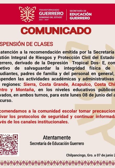 Comunicado sobre la suspensión de clases en Guerrero
