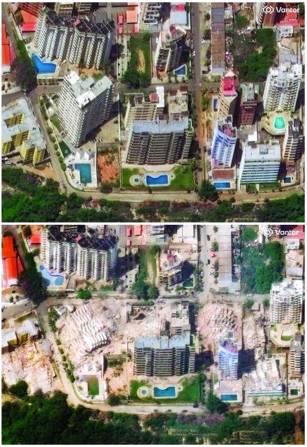 Una combinación de imágenes satelitales muestra edificios de apartamentos en La Guaira, Venezuela, antes (arriba) y después de dos potentes terremotos, el 22 y el 25 de junio de 2026.