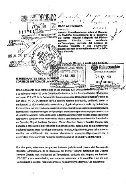 Documento de los padres de los 43 de Ayotzinapa dirigido a la SCJN.