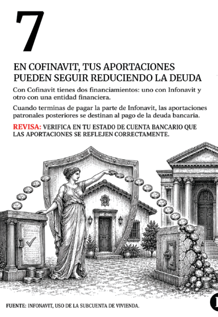 Infografía que explica cómo las aportaciones patronales pueden continuar reduciendo la deuda bancaria de un crédito Cofinavit.