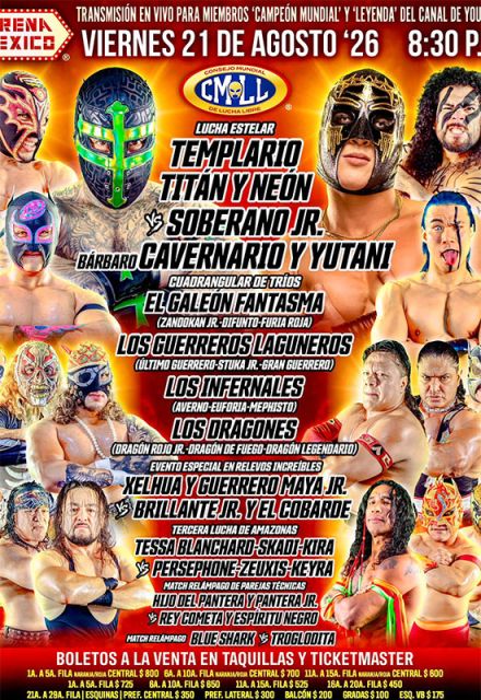 Cartelera completa del viernes 21 de agosto de 2026 en la Arena México