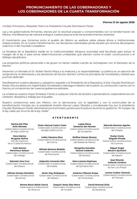 Gobernadores de Morena respaldan a Claudia Sheinbaum y llaman a preservar la unidad, la institucionalidad y el proyecto de la Cuarta Transformación