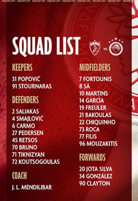 La convocatoria del Olympiacos para enfrentar al AEL en la Copa de Grecia