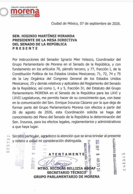 Documento en que se oficializa la baja de Enrique Inzunza de Morena