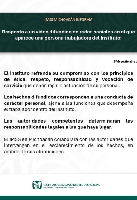 Comunicado del IMSS sobre la conducta de uno de sus colaboradores