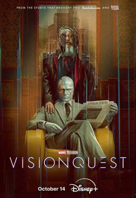 Póster oficial de VisionQuest con dos versiones de Vision, una sentada con un periódico y otra de pie, con estreno el 14 de octubre.