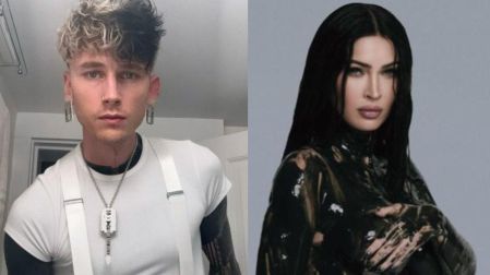 Machine Gun Kelly con playera blanca y Megan Fox embarazada