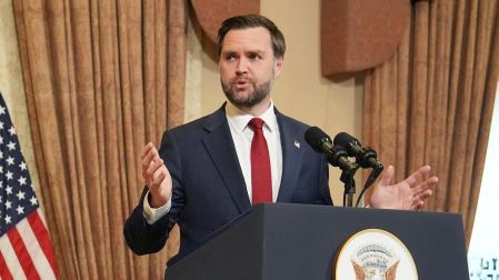 Vice President JD Vance (R) speaks during a news conference after meeting with representatives from Pakistan and Iran, as US President Donald Trump's son-in-law Jared Kushner (L) and US Special Envoy to the Middle East Steve Witkoff (C) watch, in Islamabad on April 12, 2026. Top-level peace talks between the United States and Iran entered a second day early April 12, as Washington piled pressure by saying it had sent minesweeping ships through the vital Strait of Hormuz. (Photo by Jacquelyn MARTIN / POOL / AFP)