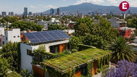 Vivienda en la Ciudad de México con azotea verde, árboles y paneles solares como ejemplo de infraestructura sustentable urbana