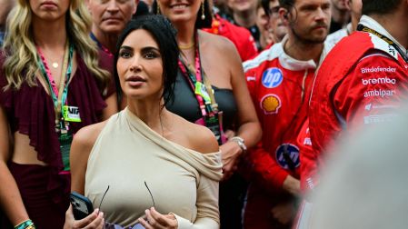 US reality TV personality Kim Kardashian (C) arrives for the podium ceremony of the Monaco Formula 1 Grand Prix at the Monaco street circuit in Monaco, ahead of the, on June 7, 2026. Andrej ISAKOVIC / AFP