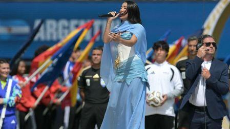 Argentine singer Maria Becerra performs the Argentinian national anthem ahead of the 2026 World Cup football tournament final match between Spain and Argentina at the New York/New Jersey Stadium in East Rutherford on July 19, 2026. (Photo by JUAN MABROMATA / AFP)