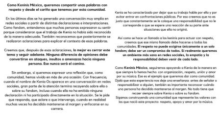 El club de fans oficial de Kenia Os rechazó las amenazas y pidió respeto entre comunidades.