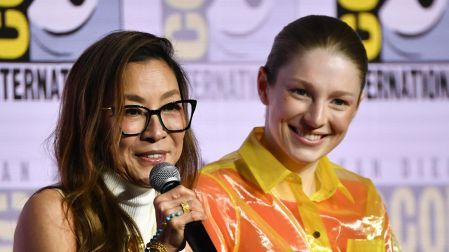Malaysian actress Michelle Yeoh (L) and US actress Hunter Schafer (R) attend Prime Videos Blade Runner 2099 panel during Comic Con International in San Diego on July 24, 2026. (Photo by Chris DELMAS / AFP)