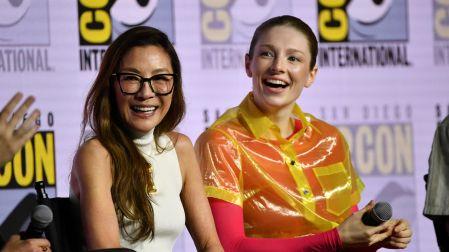 Malaysian actress Michelle Yeoh (L) and US actress Hunter Schafer (R) attend Prime Videos Blade Runner 2099 panel during Comic Con International in San Diego on July 24, 2026. (Photo by Chris DELMAS / AFP)